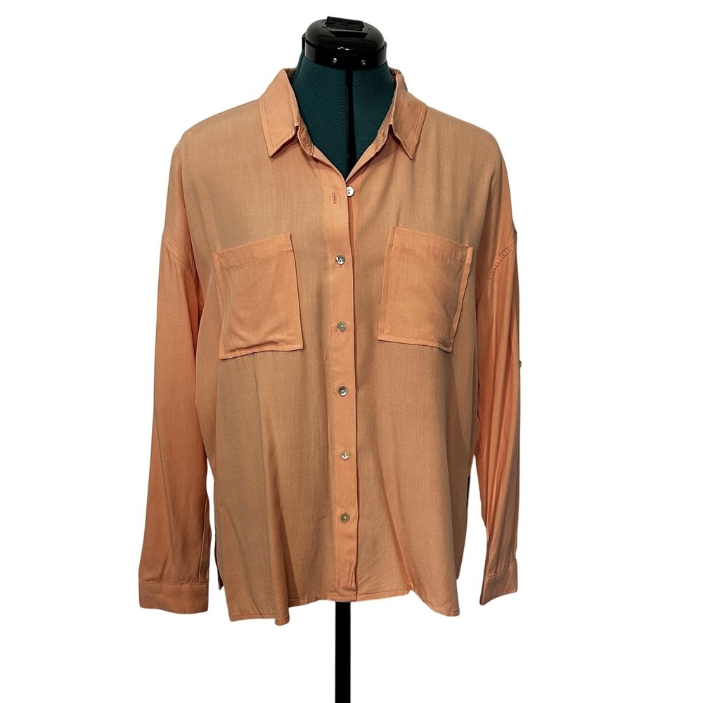 Dear John Shirt Womens XS Peach Button Down Long Sleeve Rayon Roll Tab‎ Pockets